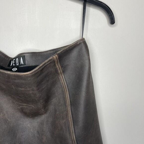 VEDA Leather Skirt Women 10 Brown Mini Distressed Side Zip Lined - Picture 4 of 11